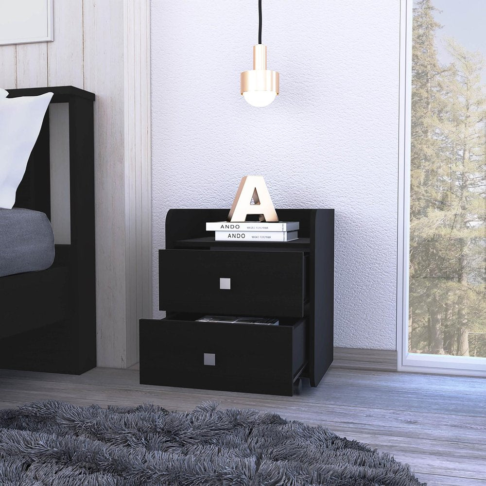 22" Black Wood Two Drawer Nightstand HomeRoots