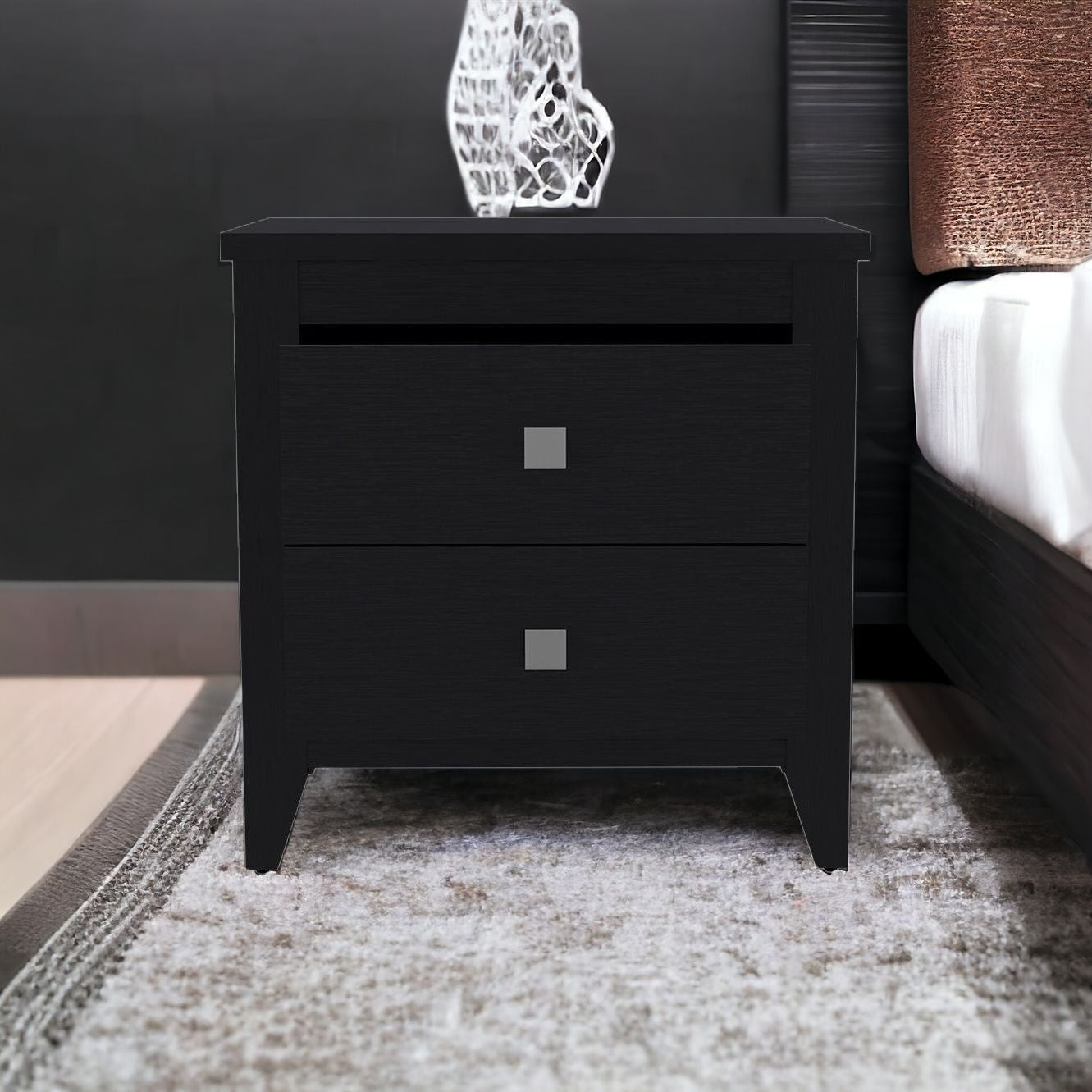 24" Black Two Drawer Faux Wood Nightstand