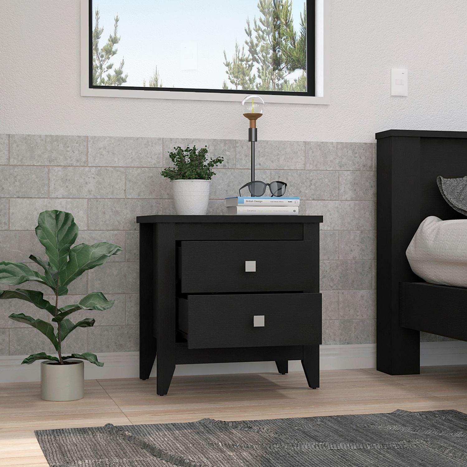 24" Black Two Drawer Faux Wood Nightstand - FurniFindUSA