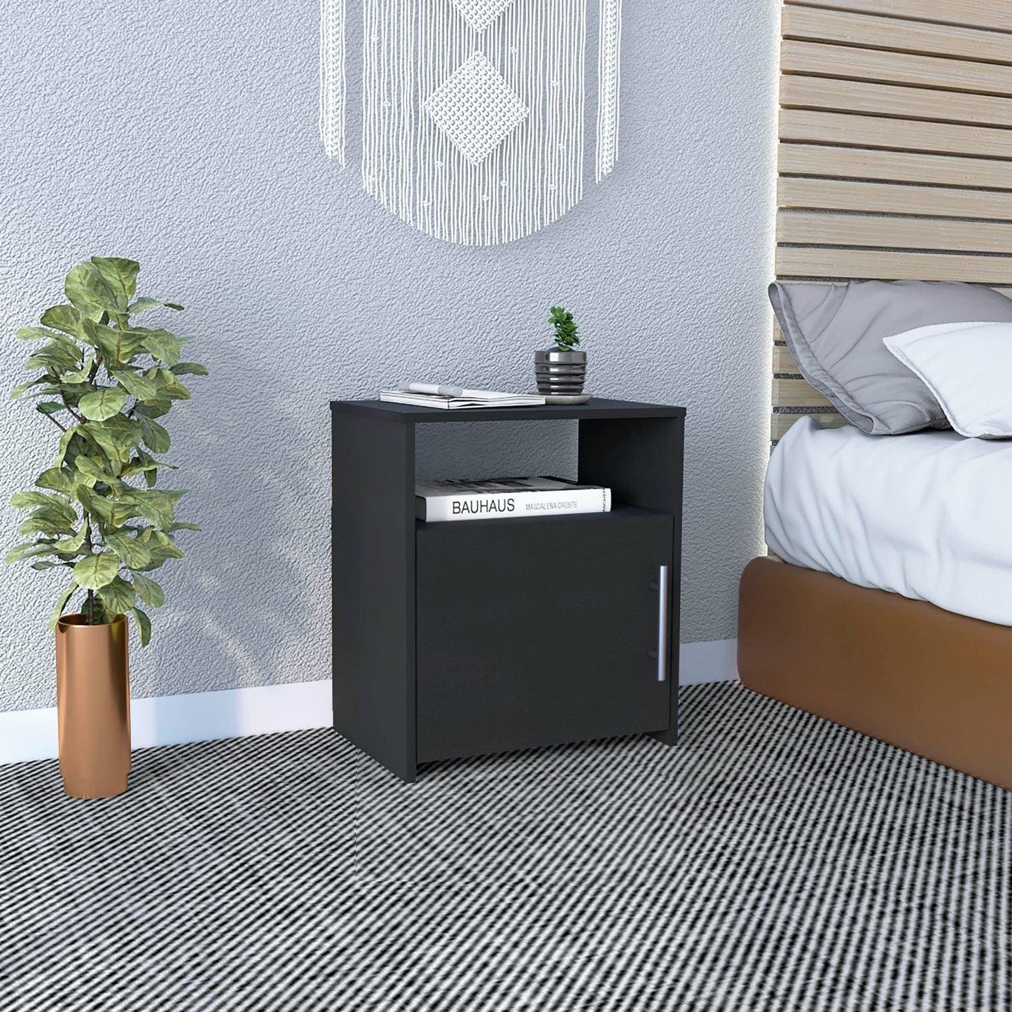 23" Black Faux Wood Nightstand With Storage - FurniFindUSA