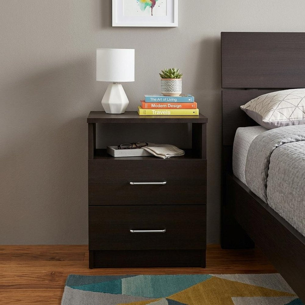 20" Black Wood Two Drawer Nightstand HomeRoots