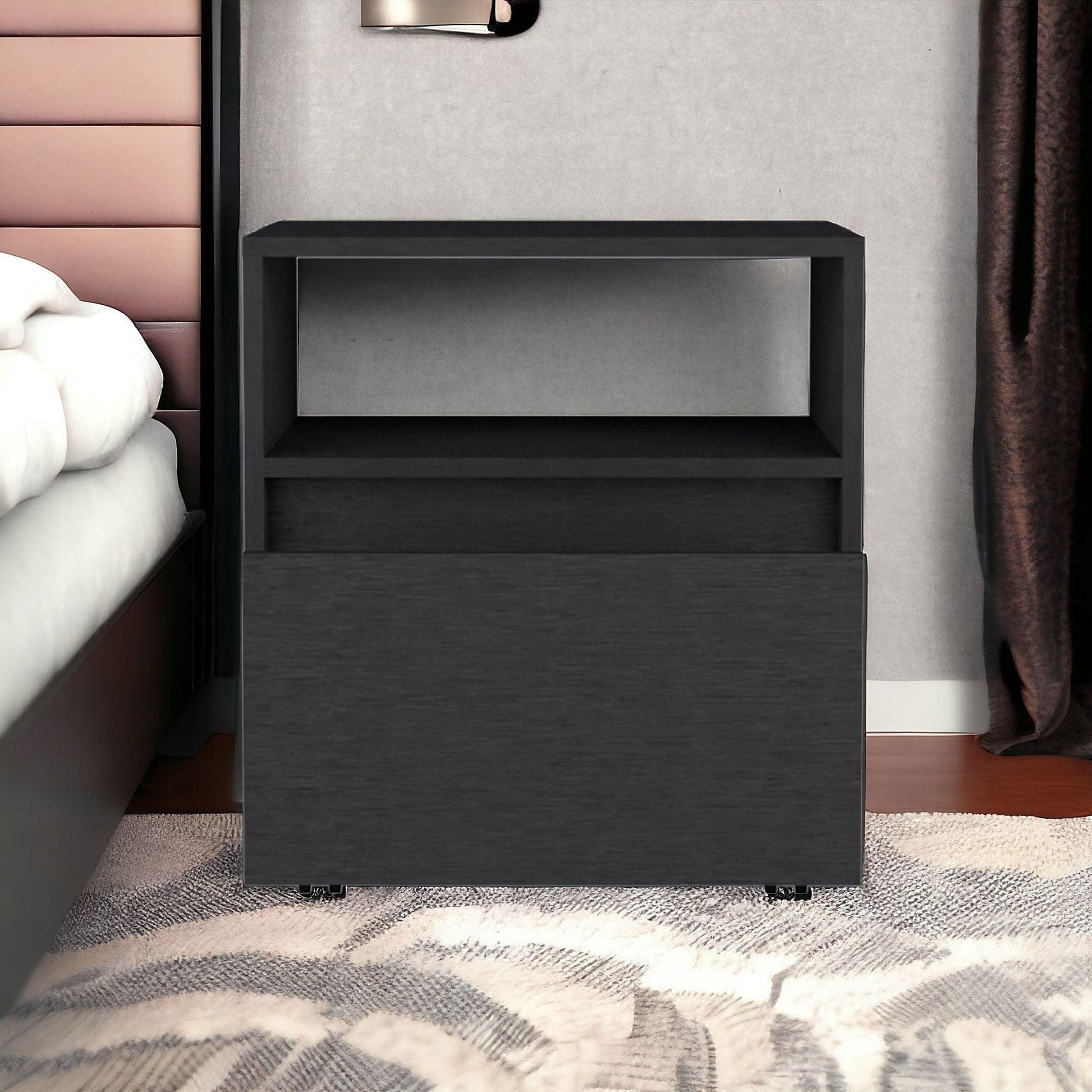 21" Black One Drawer Faux Wood Nightstand - FurniFindUSA