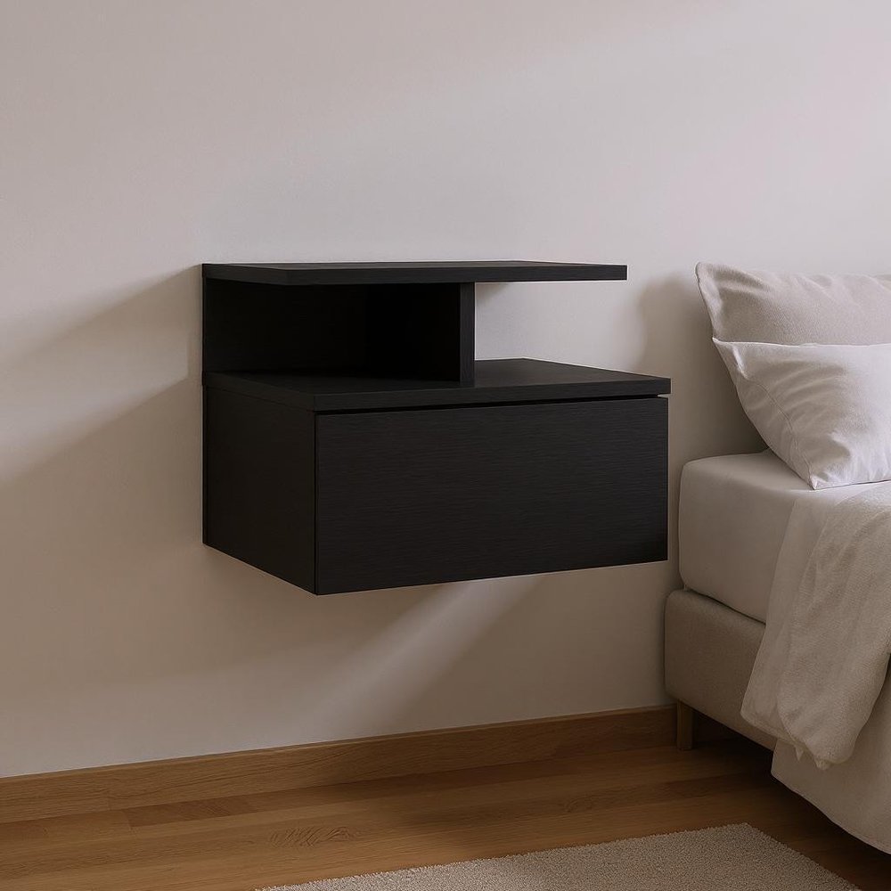 12" Black Wood One Drawer Floating Nightstand HomeRoots