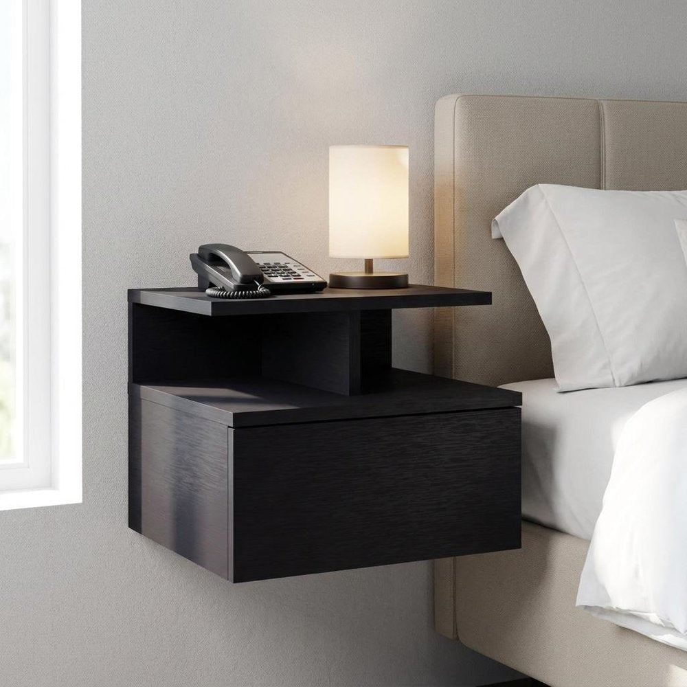 12" Black Wood One Drawer Floating Nightstand HomeRoots