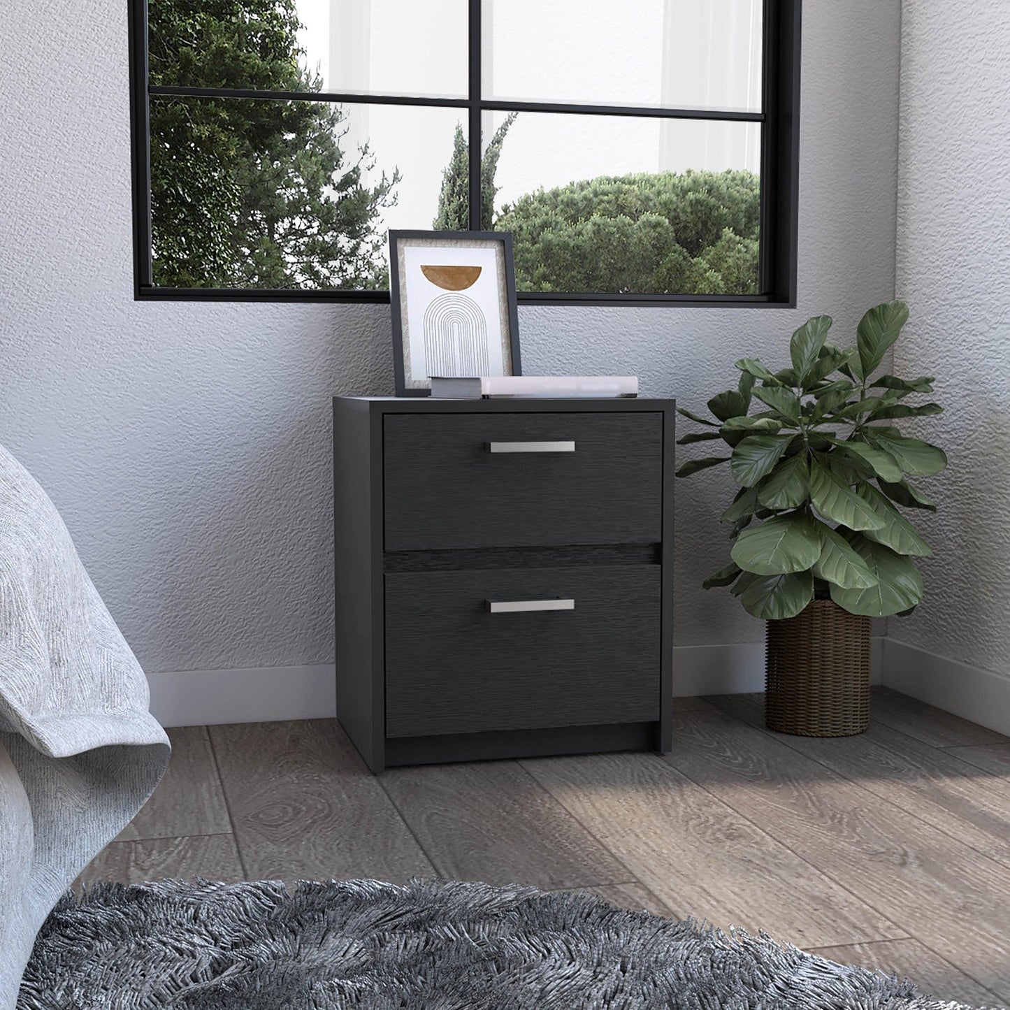 19" Black Two Drawer Faux Wood Nightstand - FurniFindUSA