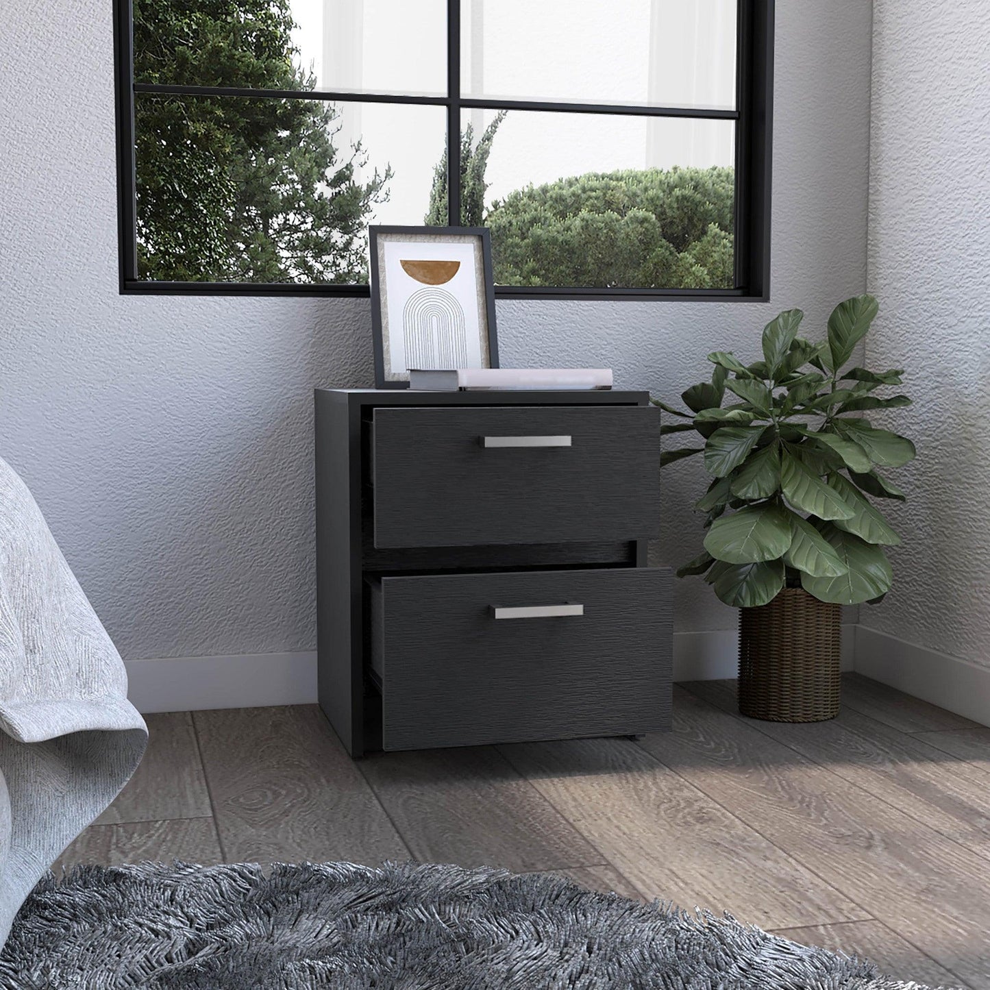 19" Black Two Drawer Faux Wood Nightstand - FurniFindUSA