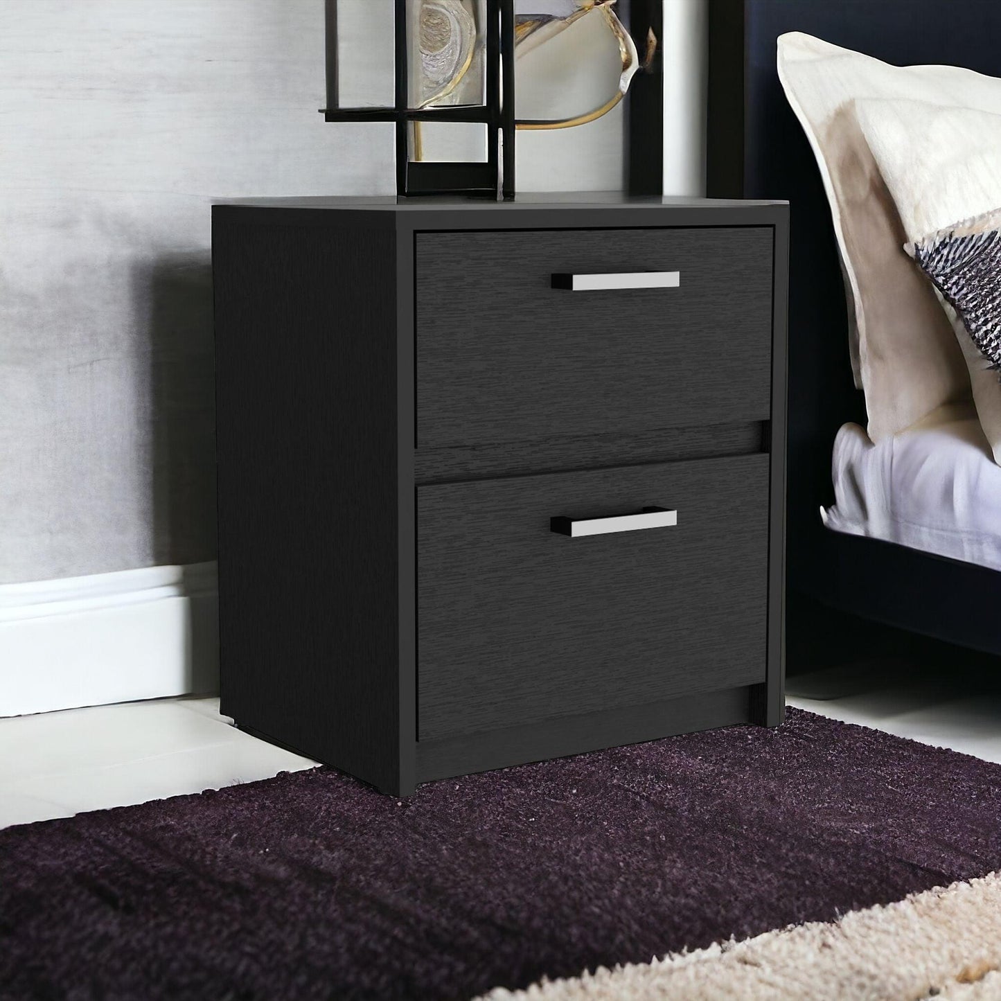 19" Black Two Drawer Faux Wood Nightstand - FurniFindUSA