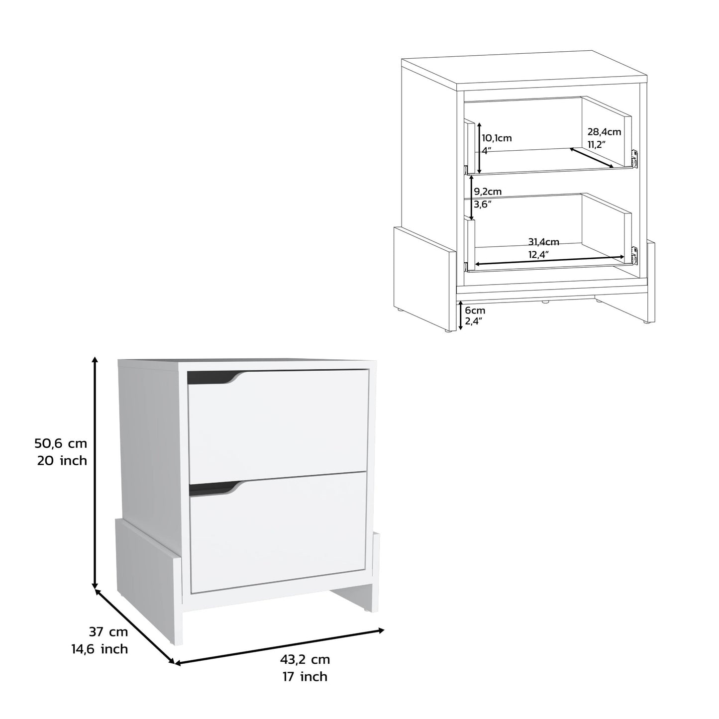 20" White Two Drawer Faux Wood Nightstand