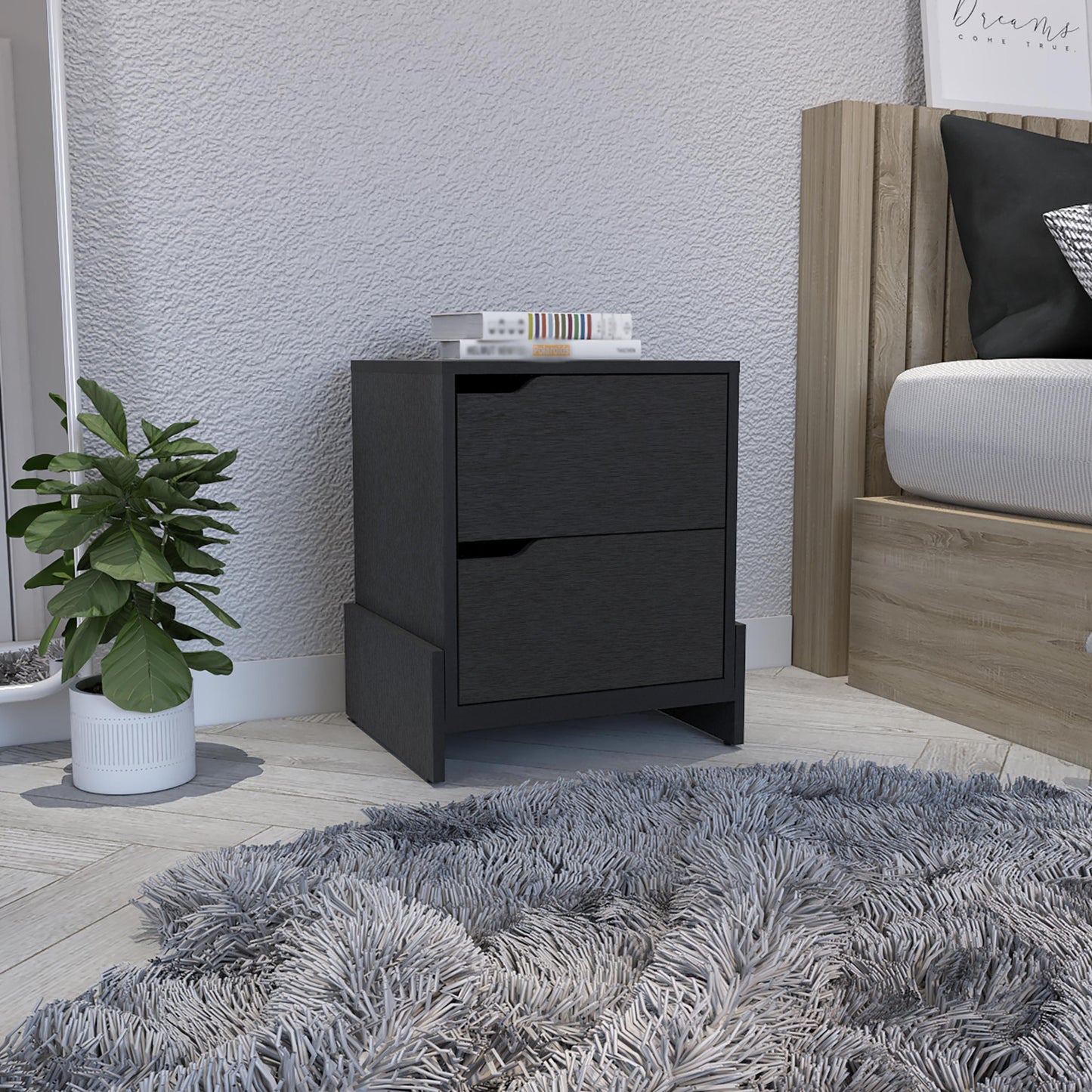 20" Black Two Drawer Faux Wood Nightstand