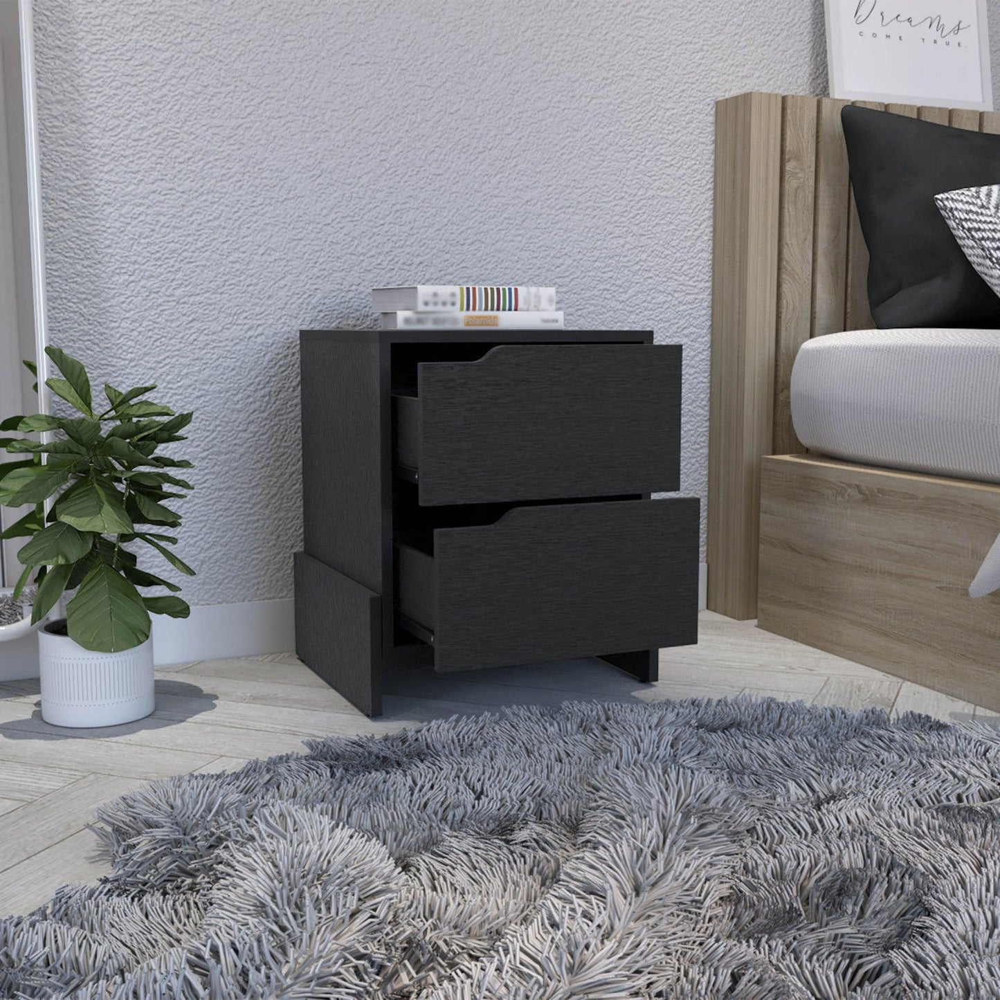 20" Black Two Drawer Faux Wood Nightstand - FurniFindUSA