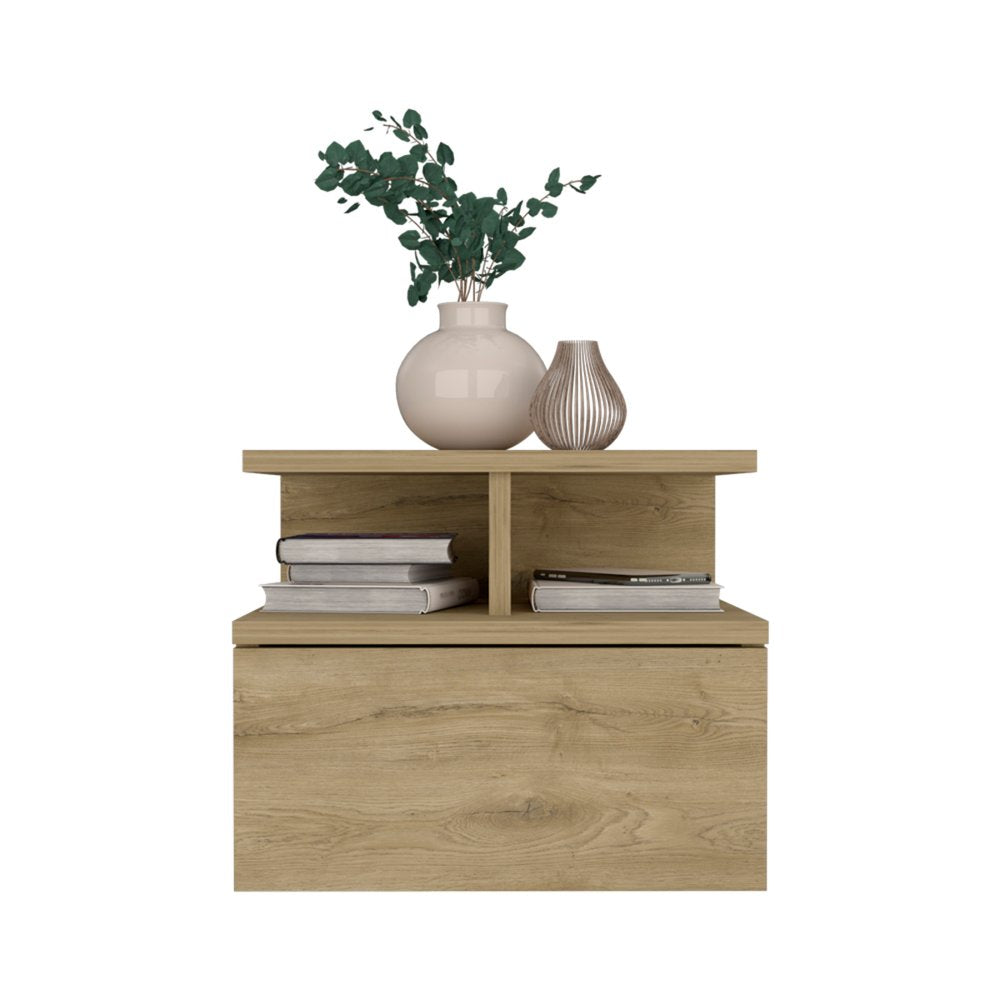 12" Beige Wood One Drawer Floating Nightstand — view 3