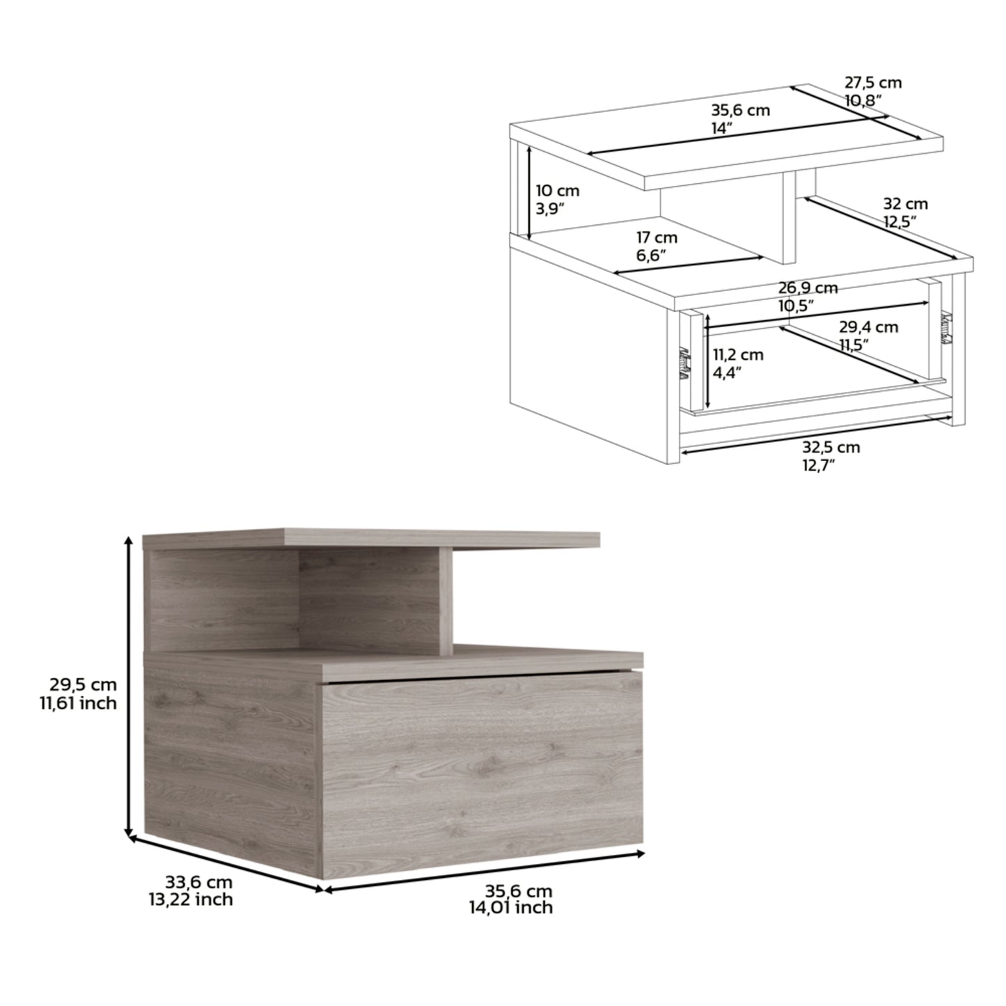 12" Gray One Drawer Faux Wood Floating Nightstand