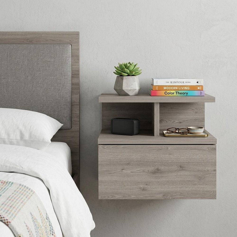 12" Gray Wood One Drawer Floating Nightstand HomeRoots