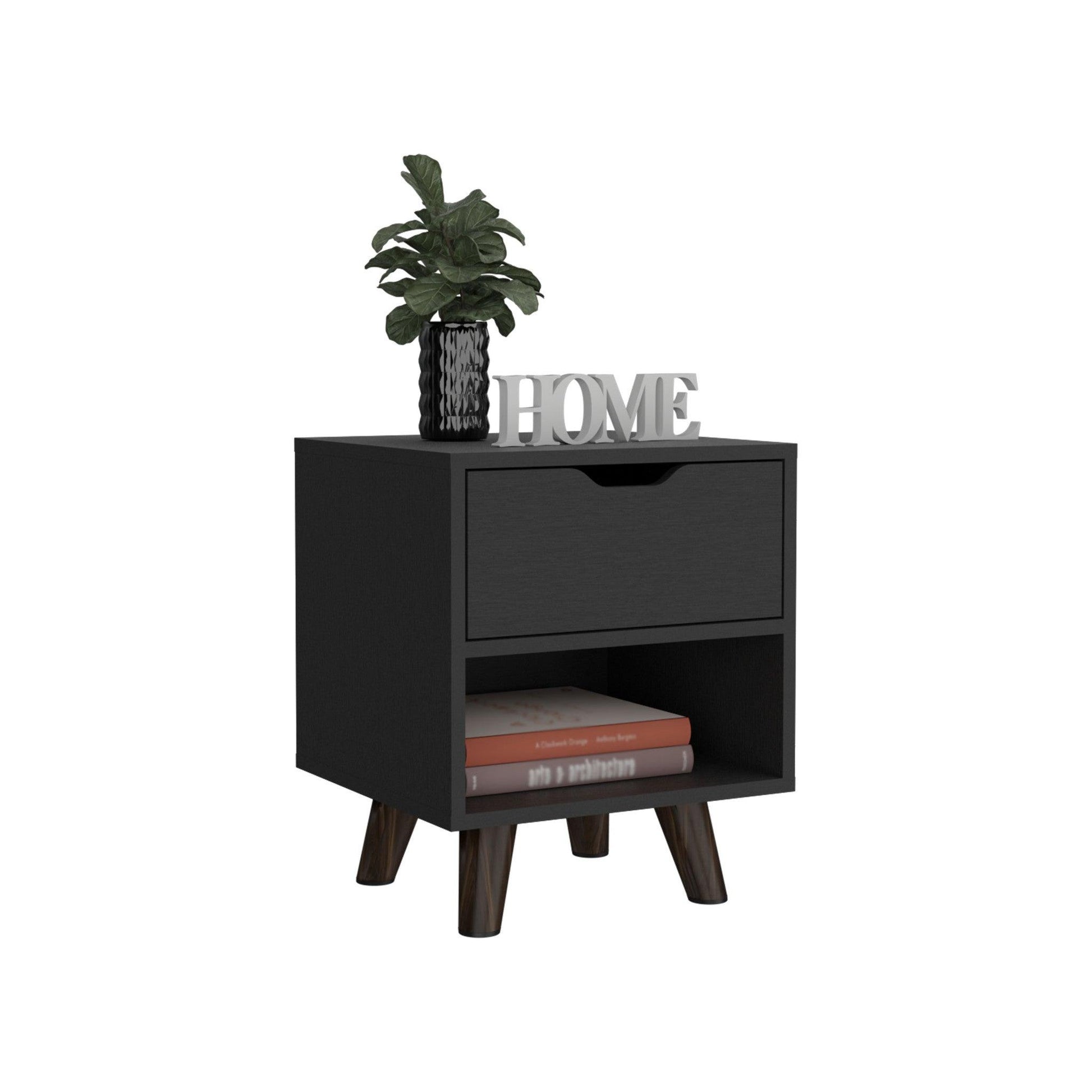 19" Black One Drawer Faux Wood Nightstand - FurniFindUSA