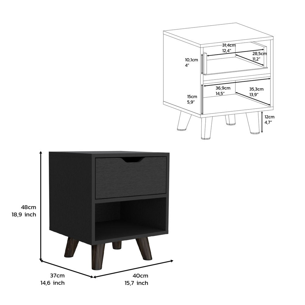 19" Black Wood One Drawer Nightstand — view 4