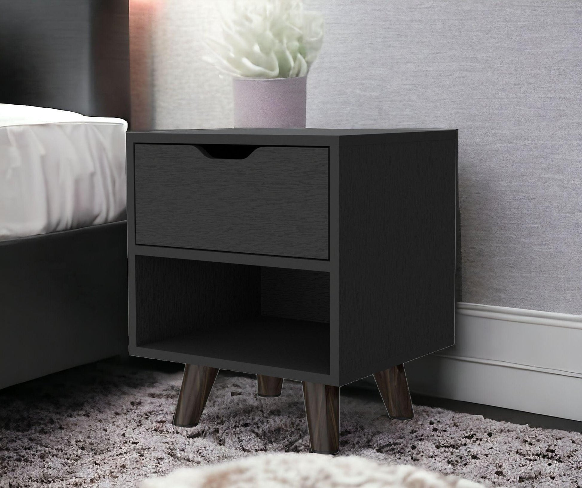 19" Black One Drawer Faux Wood Nightstand - FurniFindUSA