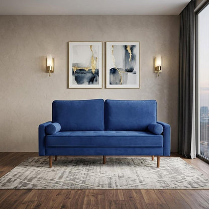 69" Blue Velvet Sofa And Toss Pillows With Dark Brown Legs HomeRoots