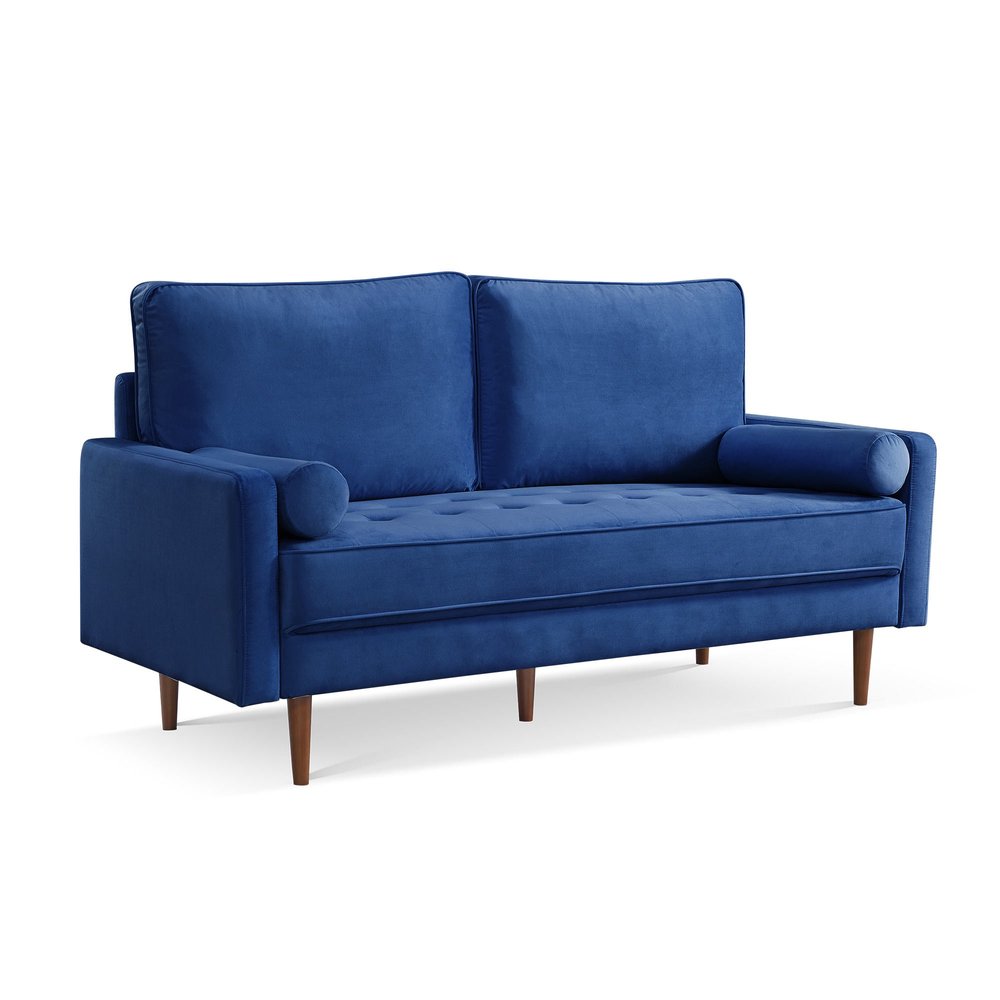 69" Blue Velvet Sofa And Toss Pillows With Dark Brown Legs HomeRoots