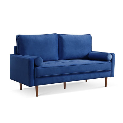 69" Blue Velvet Sofa And Toss Pillows With Dark Brown Legs HomeRoots