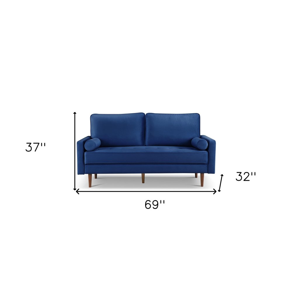 69" Blue Velvet Sofa And Toss Pillows With Dark Brown Legs HomeRoots