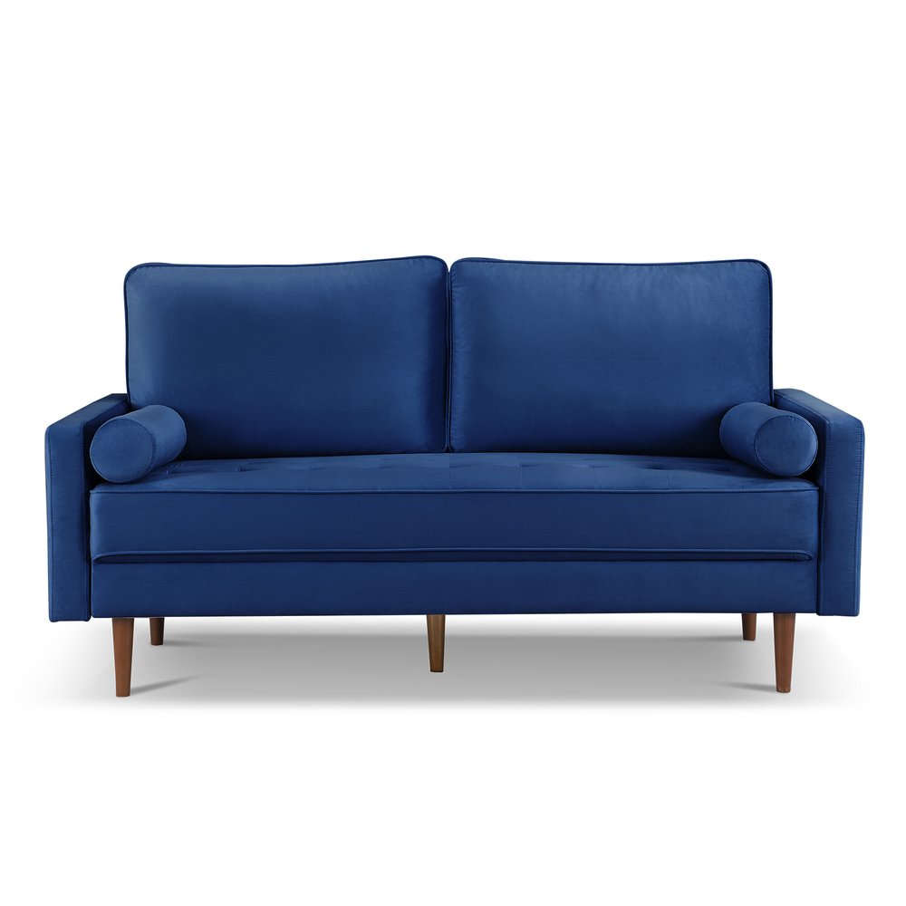 69" Blue Velvet Sofa And Toss Pillows With Dark Brown Legs HomeRoots