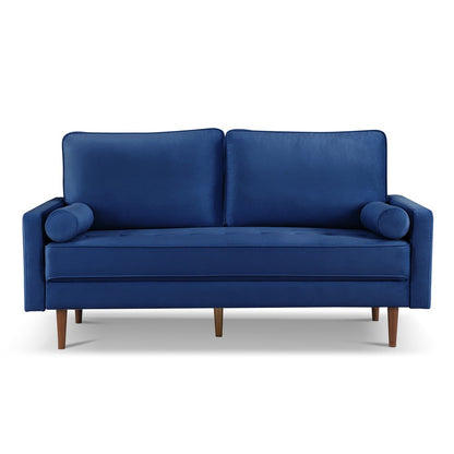 69" Blue Velvet Sofa And Toss Pillows With Dark Brown Legs HomeRoots