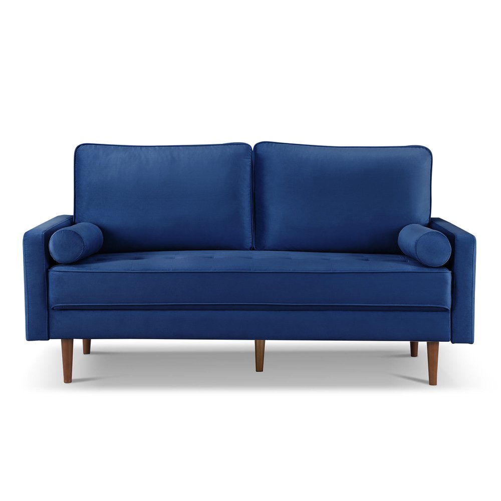 69" Blue Velvet Sofa And Toss Pillows With Dark Brown Legs HomeRoots