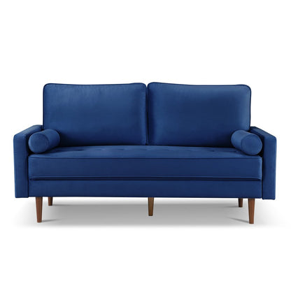 69" Blue Velvet Sofa And Toss Pillows With Dark Brown Legs HomeRoots