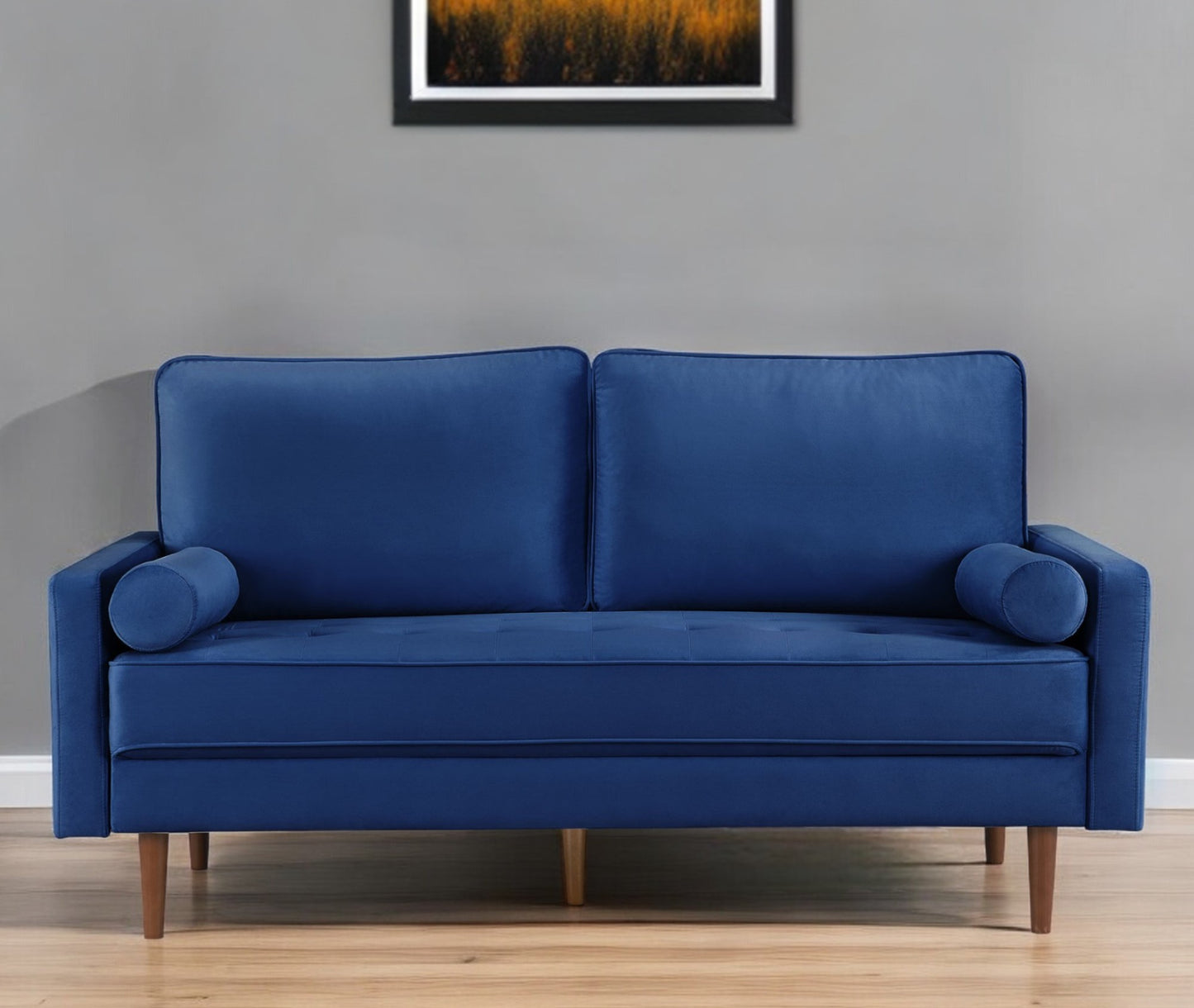 69" Blue Velvet Sofa And Toss Pillows With Dark Brown Legs