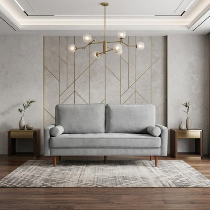 69" Gray Velvet Sofa And Toss Pillows With Dark Brown Legs HomeRoots