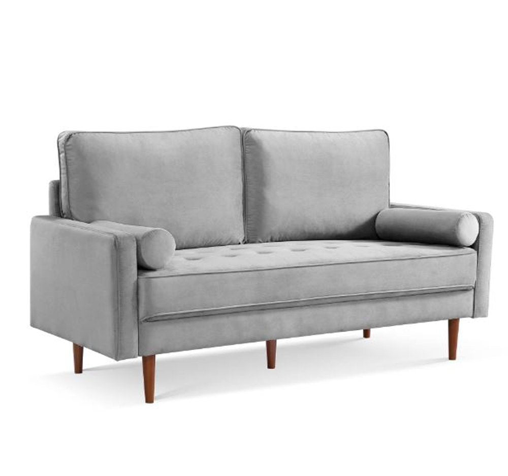 69" Gray Velvet Sofa And Toss Pillows With Dark Brown Legs HomeRoots