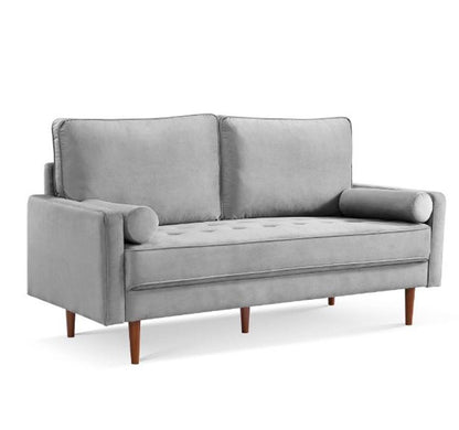 69" Gray Velvet Sofa And Toss Pillows With Dark Brown Legs HomeRoots