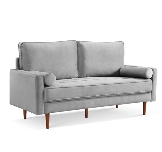 69" Gray Velvet Sofa And Toss Pillows With Dark Brown Legs HomeRoots