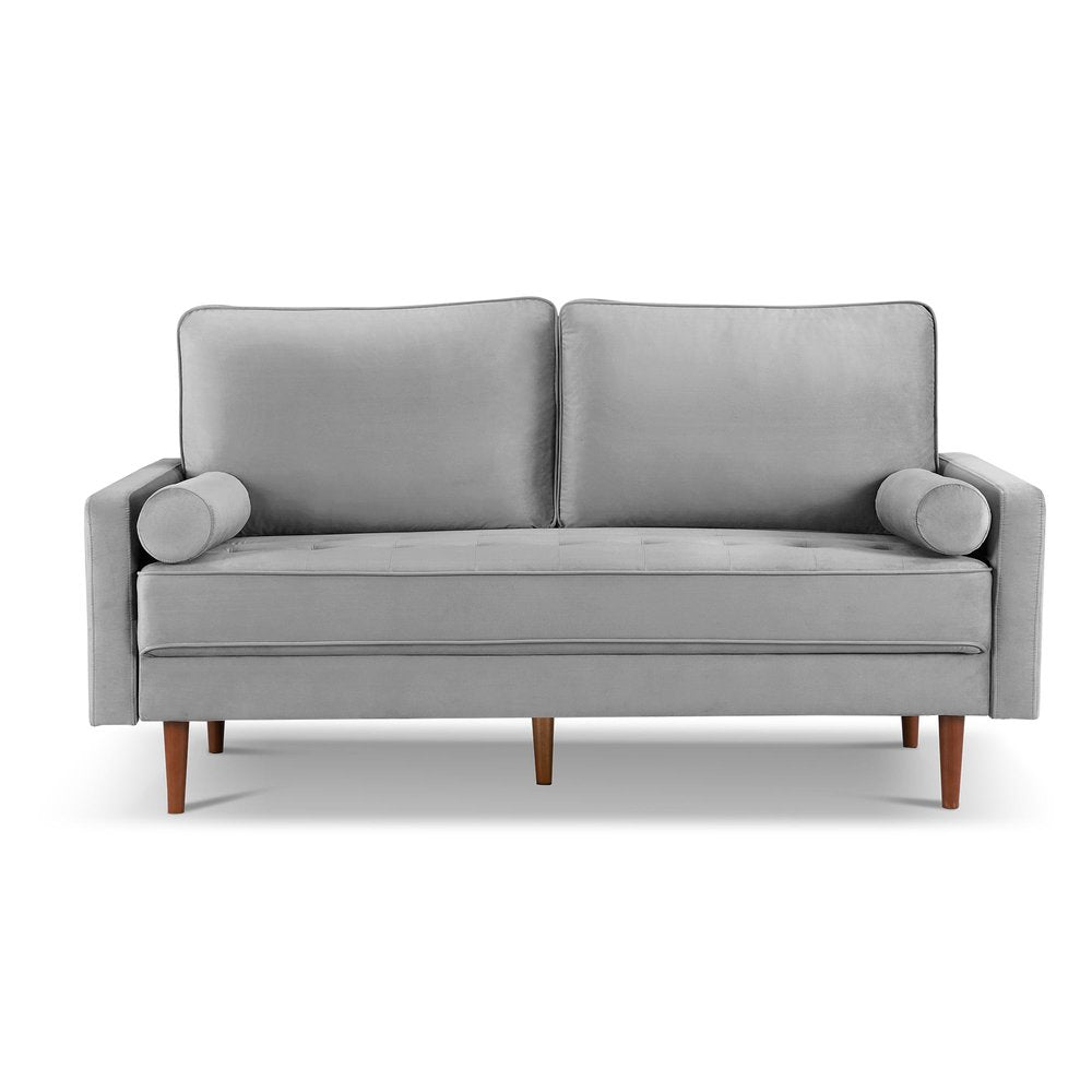 69" Gray Velvet Sofa And Toss Pillows With Dark Brown Legs HomeRoots