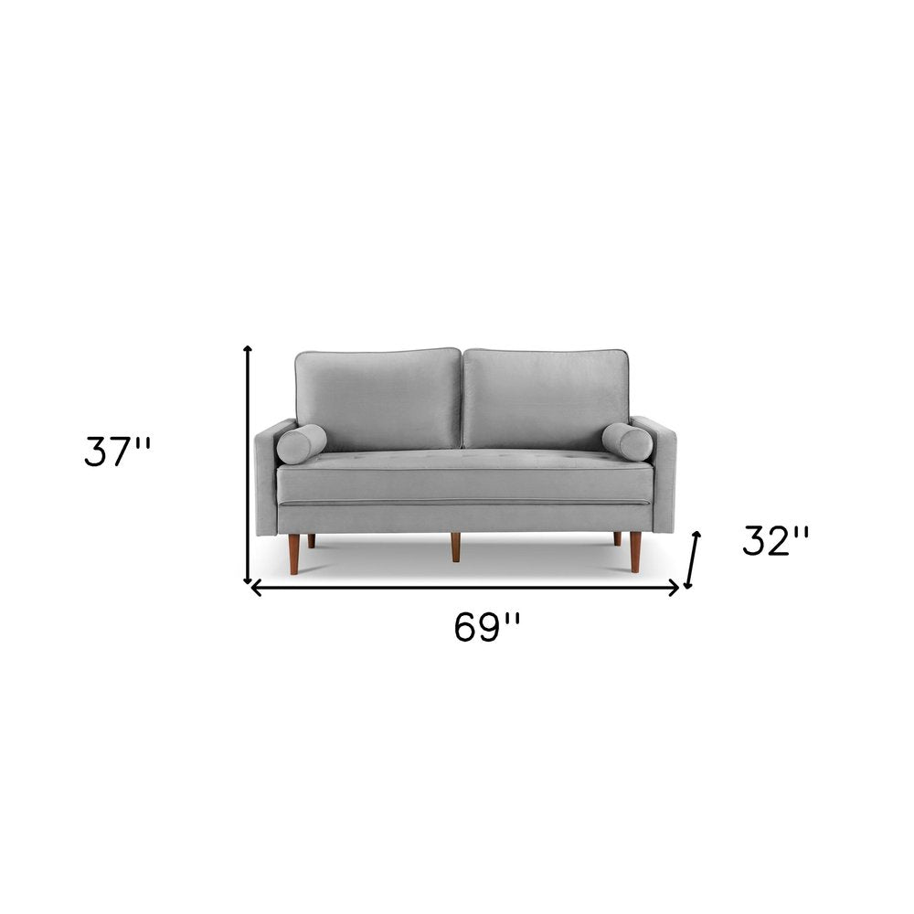 69" Gray Velvet Sofa And Toss Pillows With Dark Brown Legs HomeRoots