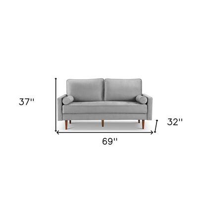 69" Gray Velvet Sofa And Toss Pillows With Dark Brown Legs HomeRoots