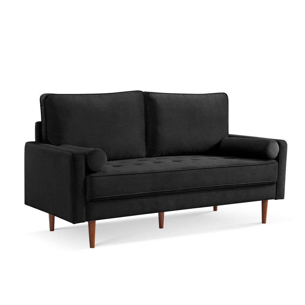 69" Black Velvet Sofa And Toss Pillows With Dark Brown Legs HomeRoots