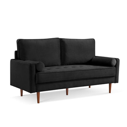 69" Black Velvet Sofa And Toss Pillows With Dark Brown Legs HomeRoots