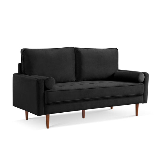 69" Black Velvet Sofa And Toss Pillows With Dark Brown Legs HomeRoots