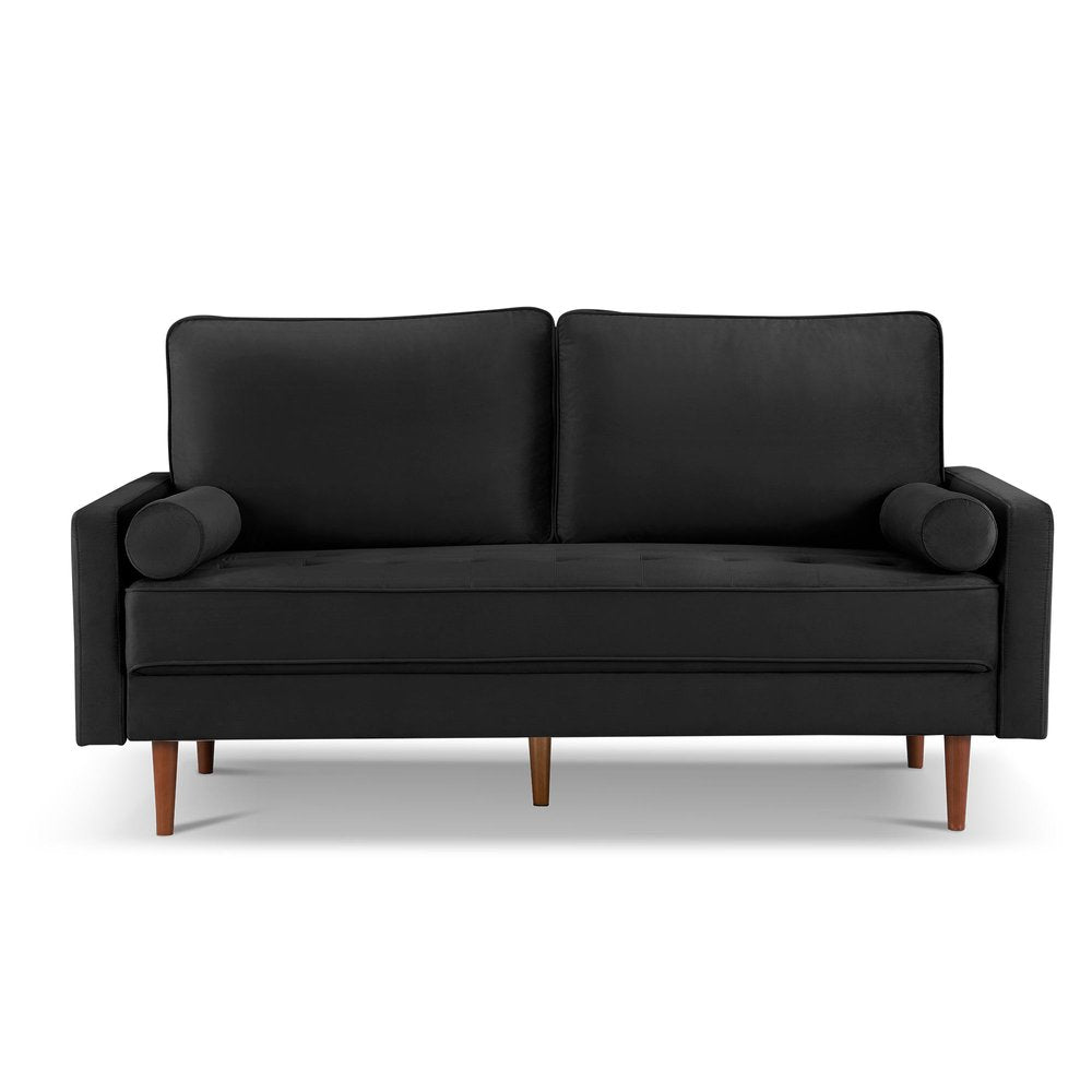 69" Black Velvet Sofa And Toss Pillows With Dark Brown Legs HomeRoots