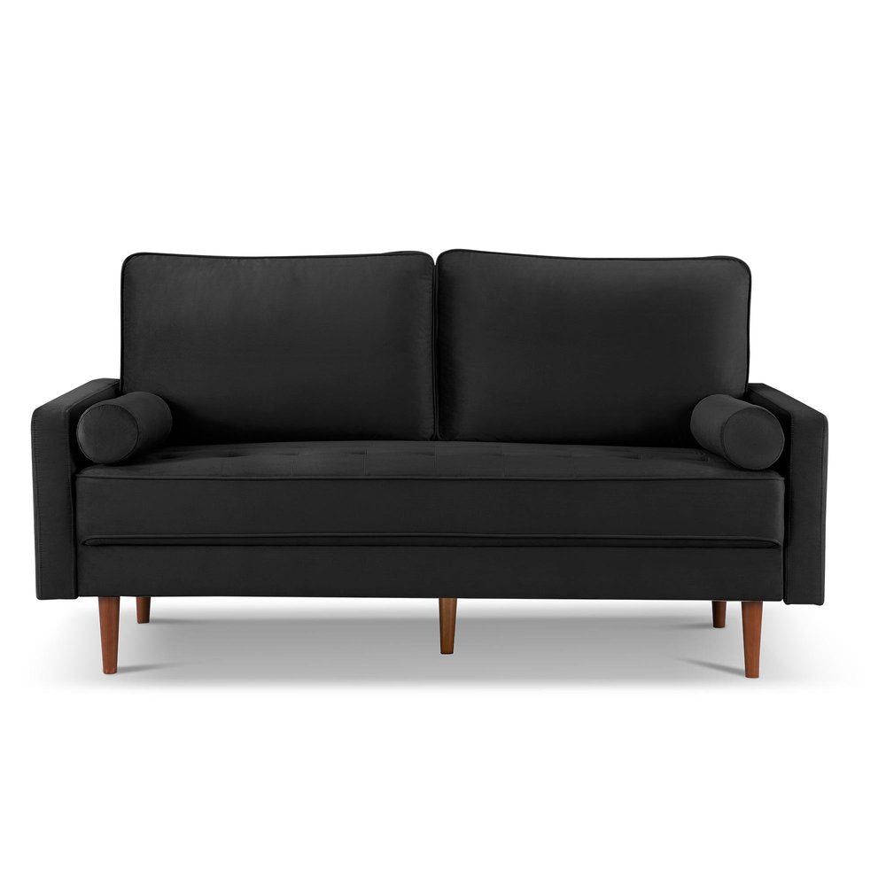 69" Black Velvet Sofa And Toss Pillows With Dark Brown Legs HomeRoots