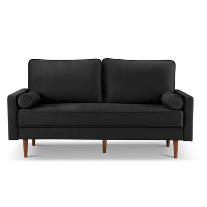 69" Black Velvet Sofa And Toss Pillows With Dark Brown Legs HomeRoots
