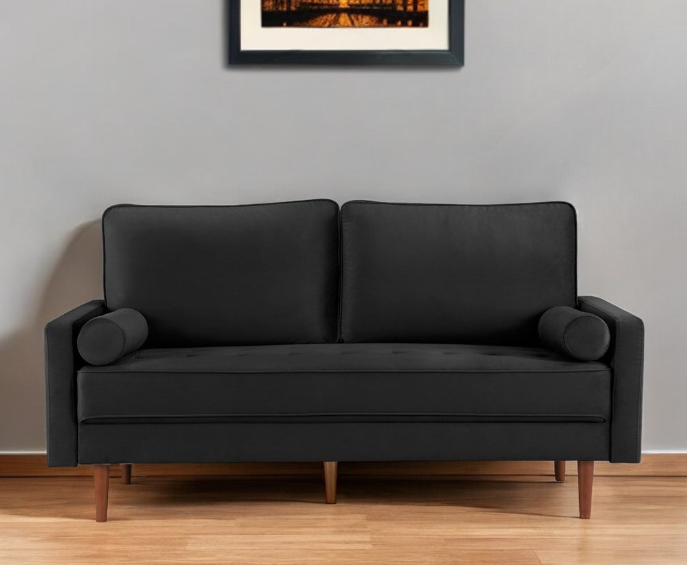 69" Black Velvet Sofa And Toss Pillows With Dark Brown Legs HomeRoots