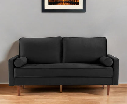 69" Black Velvet Sofa And Toss Pillows With Dark Brown Legs HomeRoots