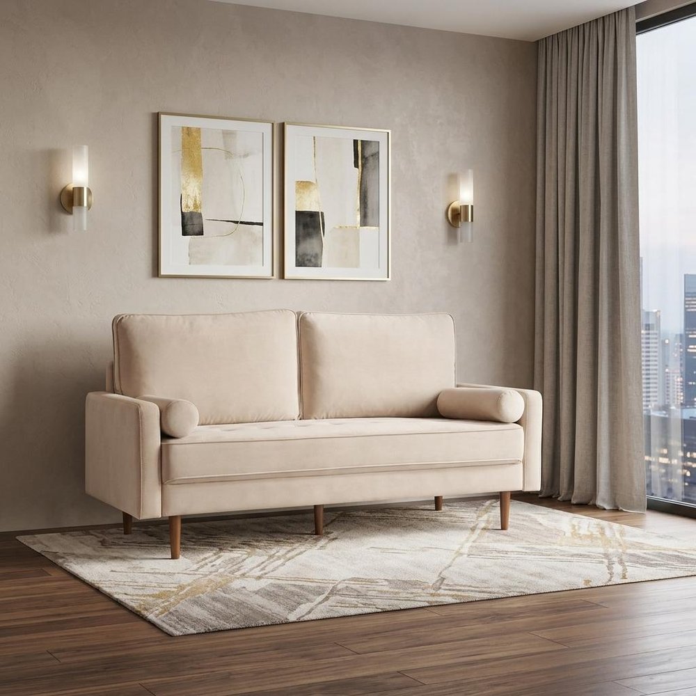 69" Beige Velvet Sofa And Toss Pillows With Dark Brown Legs HomeRoots