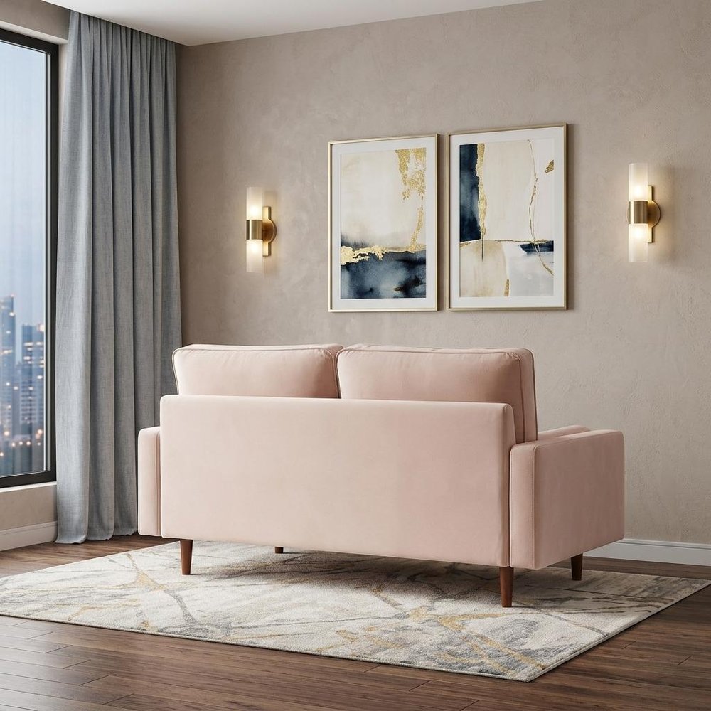 69" Beige Velvet Sofa And Toss Pillows With Dark Brown Legs HomeRoots