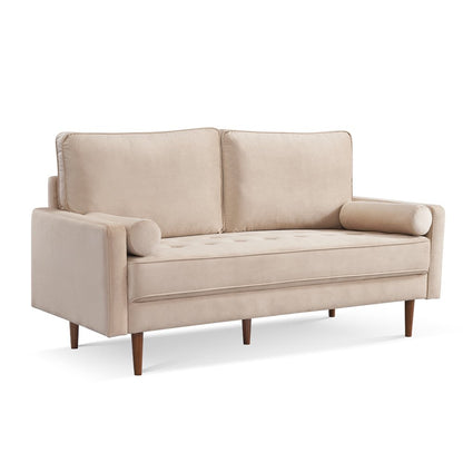 69" Beige Velvet Sofa And Toss Pillows With Dark Brown Legs HomeRoots