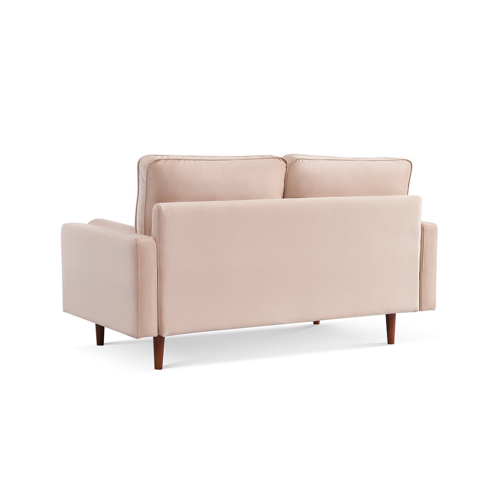 69" Beige Velvet Sofa And Toss Pillows With Dark Brown Legs HomeRoots