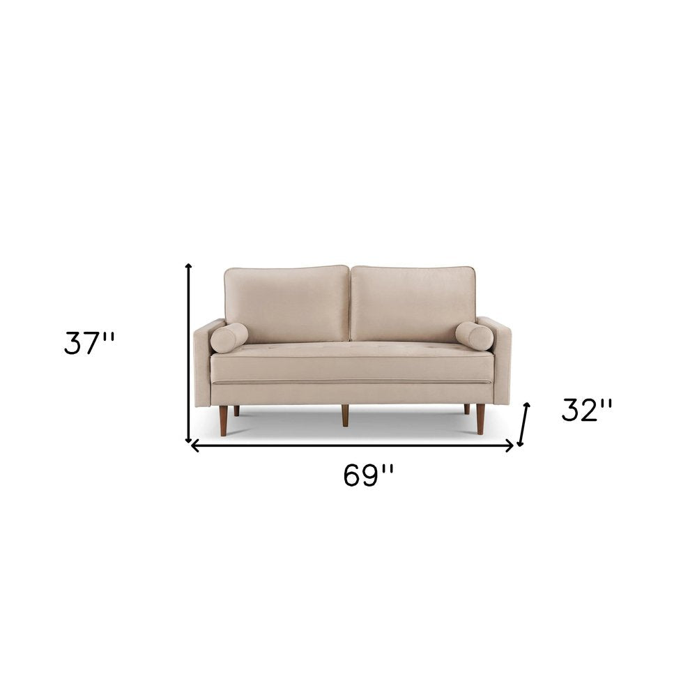 69" Beige Velvet Sofa And Toss Pillows With Dark Brown Legs HomeRoots