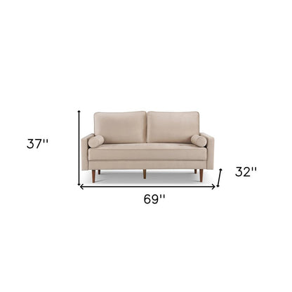 69" Beige Velvet Sofa And Toss Pillows With Dark Brown Legs HomeRoots